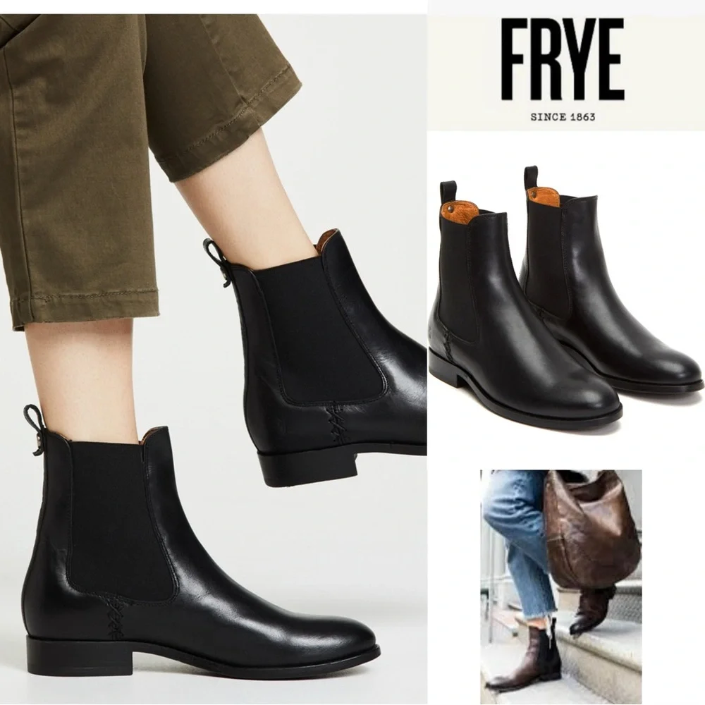 Frye MELISSA DOUBLE SOLE CHELSEA boots booties women size 9 smooth black leather